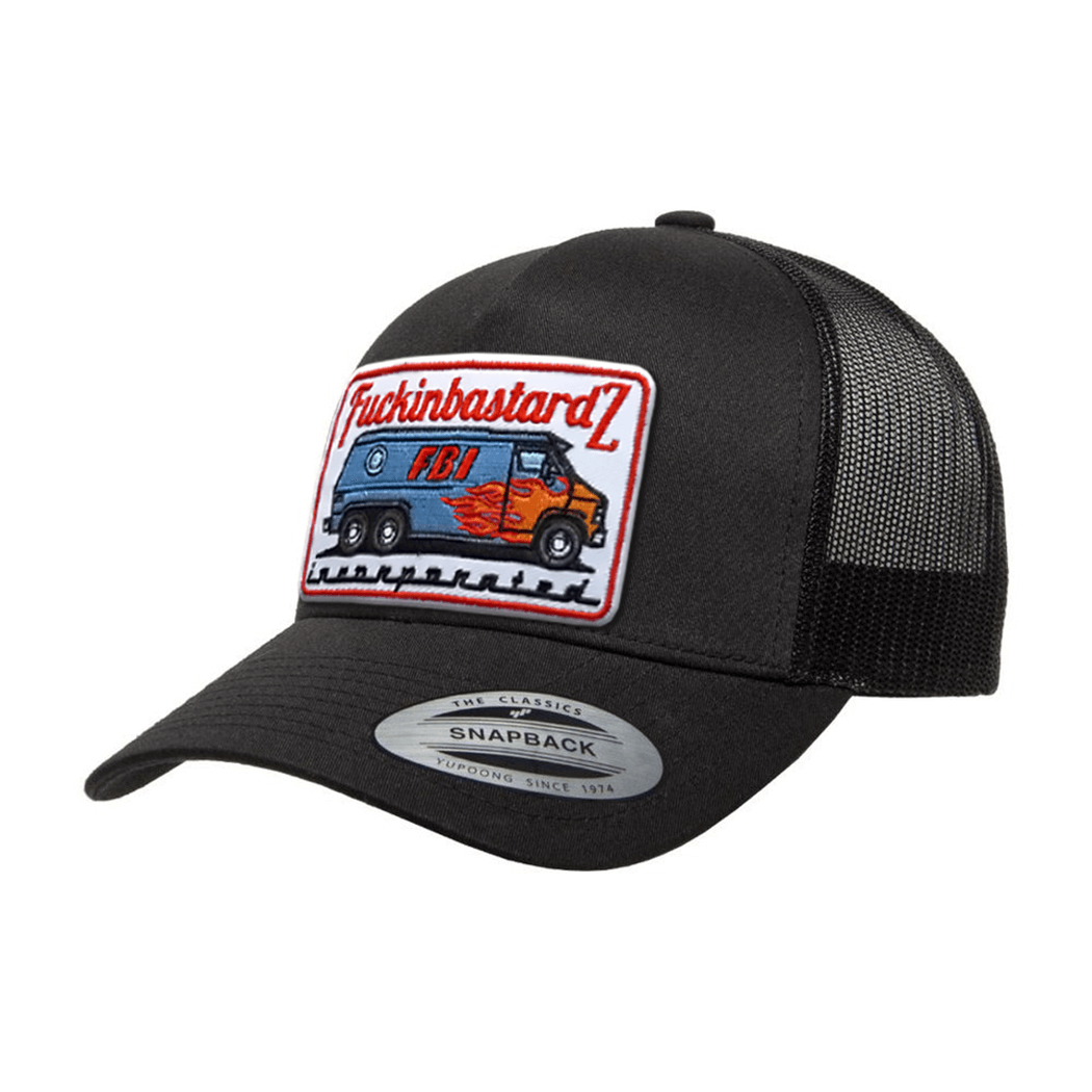 Bastardz on Wheels trucker cap featuring an embroidered patch and snapback design.