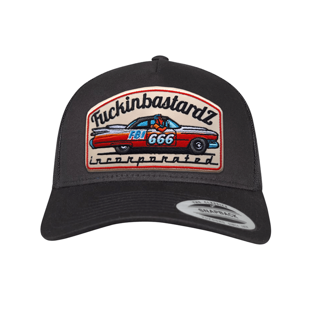 Cadillac trucker cap featuring a bold embroidered graphic with a vintage car and stylized text.