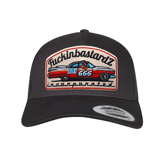Cadillac trucker cap featuring a bold embroidered graphic with a vintage car and stylized text.