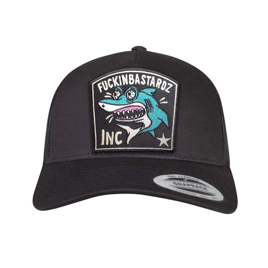 Crazy Shark trucker cap with embroidered patch, black 5-panel design, adjustable snapback closure.