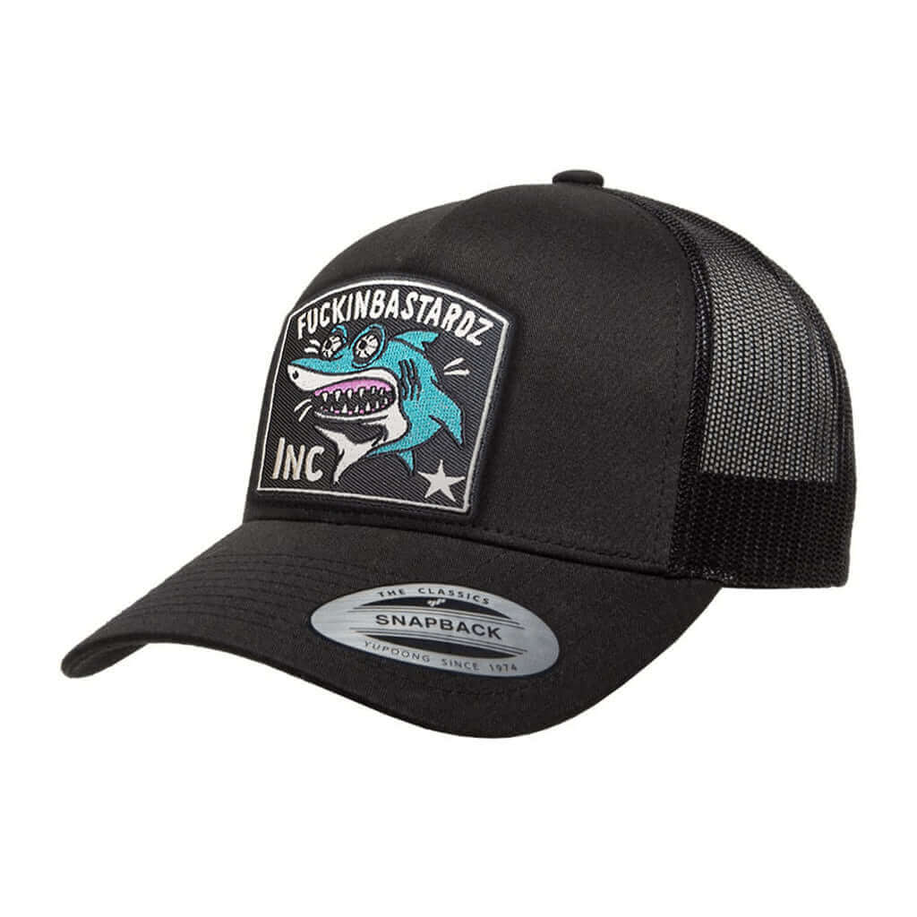Crazy Shark trucker cap featuring an embroidered patch and adjustable snapback closure.