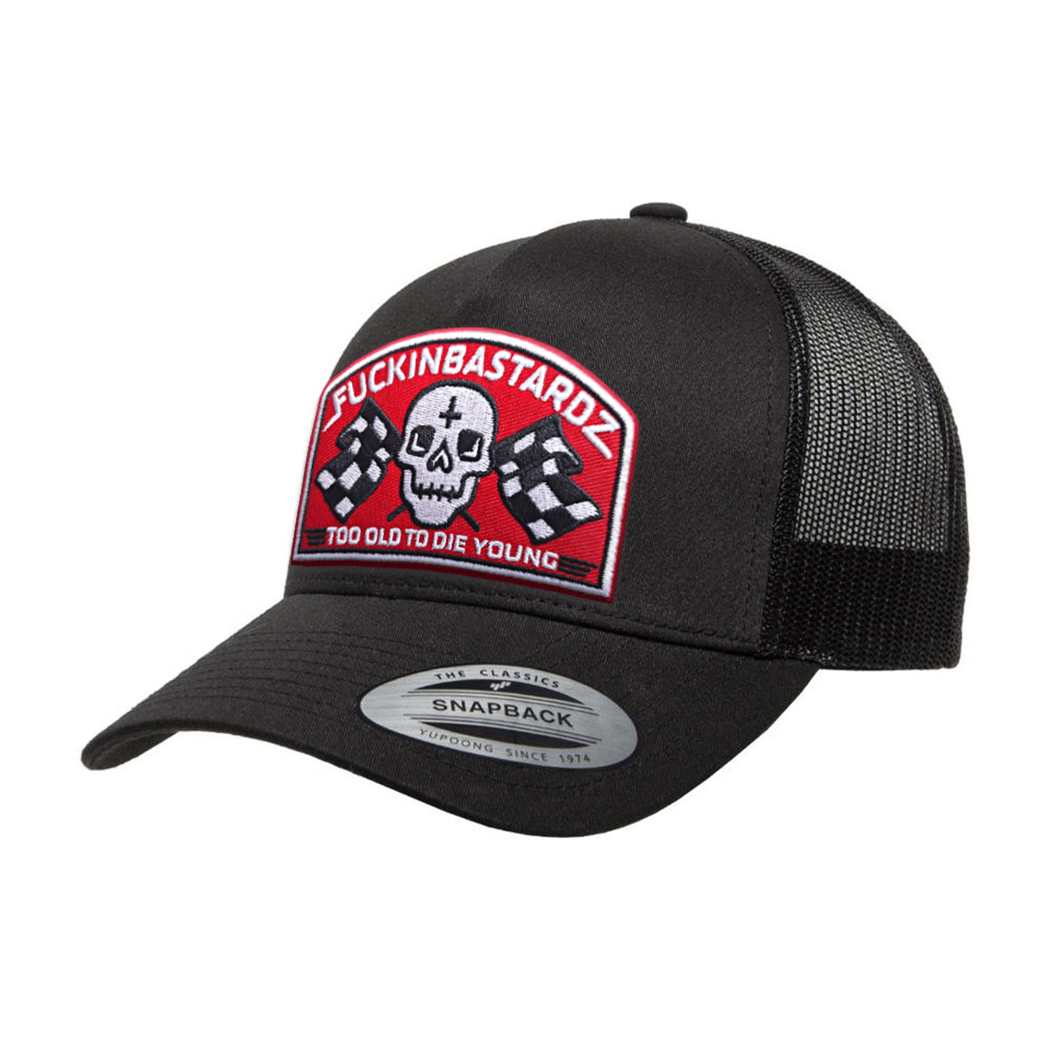 Die Old Trucker cap featuring embroidered patch with skull and text 'Too Old To Die Young'.
