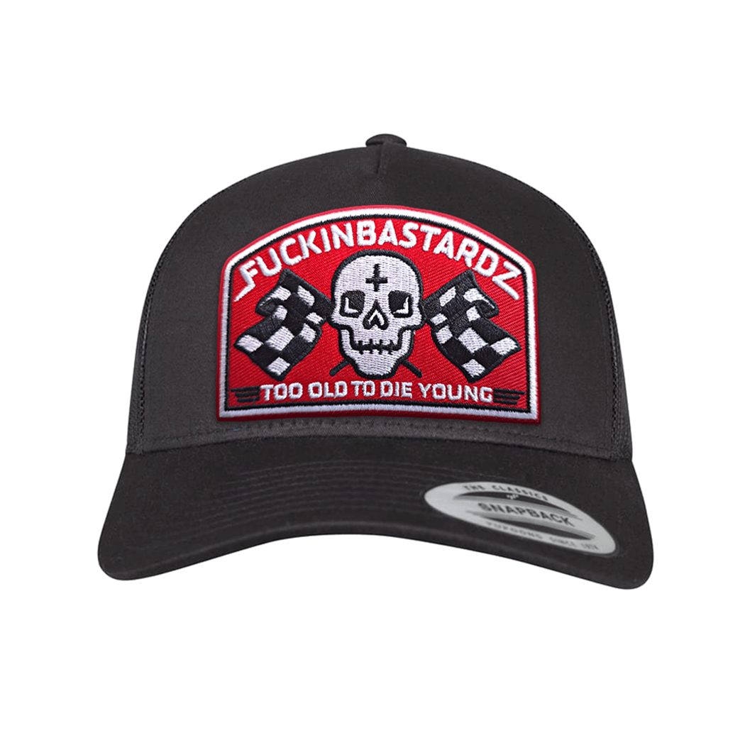 Die Old Trucker cap with embroidered patch featuring skull and checkered flags, bold statement, stylish trucker cap.