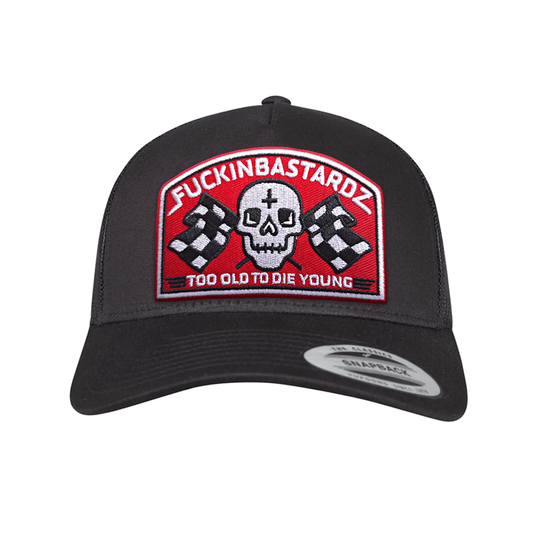 Die Old Trucker cap with embroidered patch featuring skull and checkered flags, bold statement, stylish trucker cap.