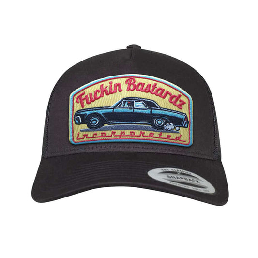 Hot Rod trucker cap featuring embroidered patch with classic car design and playful text.