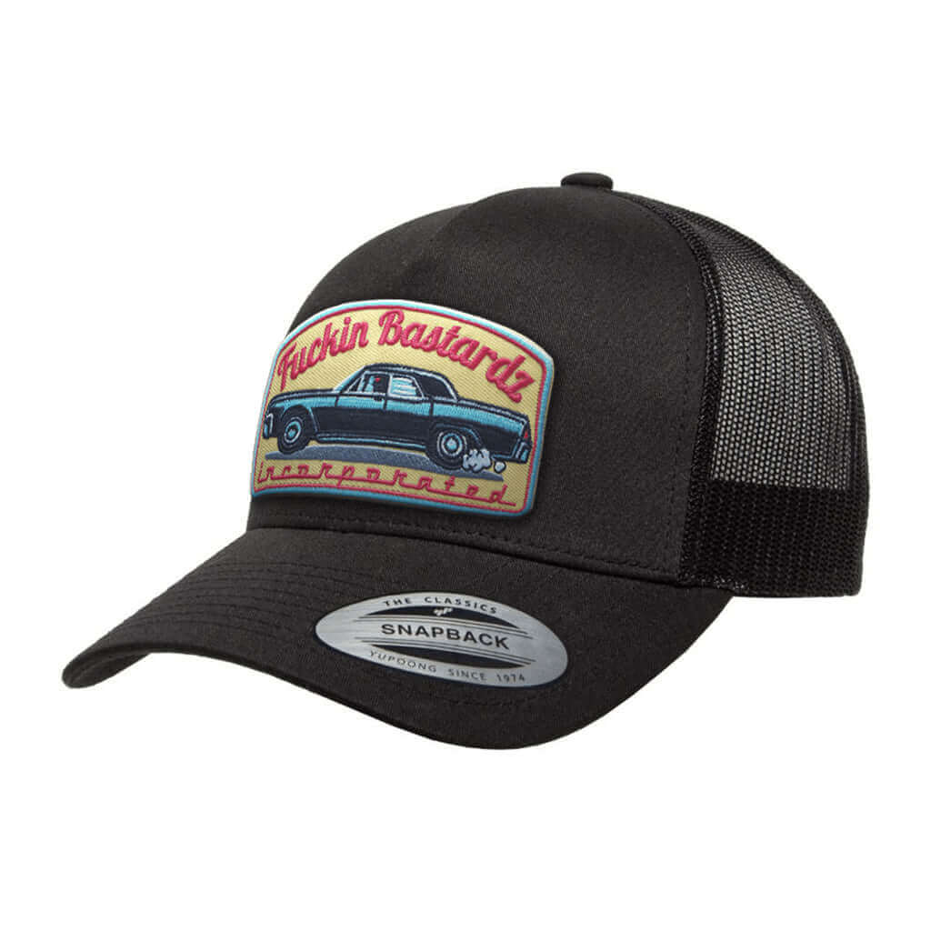 Hot Rod trucker cap with embroidered patch featuring a classic car design.