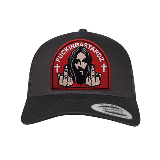 Jesus loves you trucker cap with embroidered patch and unique design in black color.