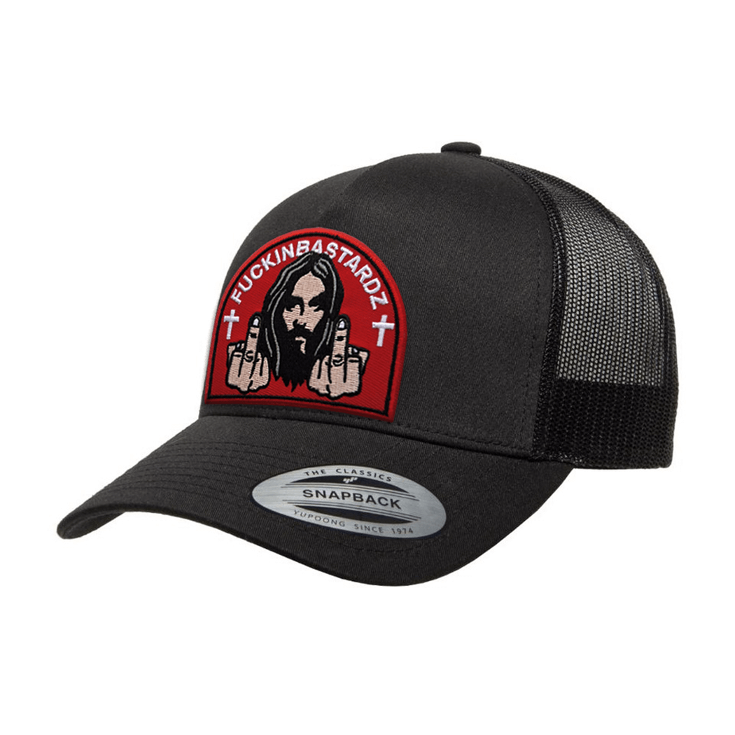 Jesus loves you trucker cap with embroidered patch featuring bold design and adjustable snapback closure.