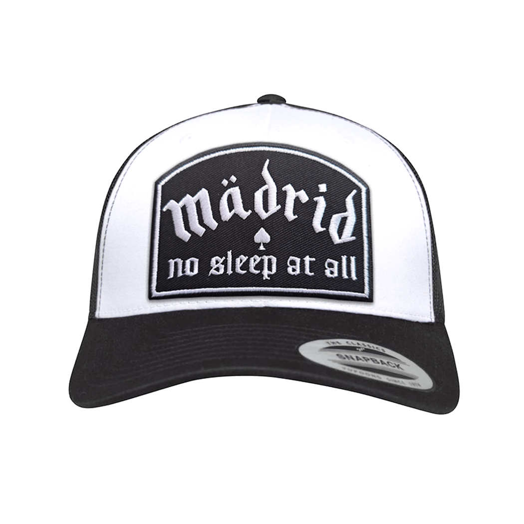 Madrid No Sleep trucker cap B/W with embroidered patch showcasing stylish design and adjustable snapback closure.