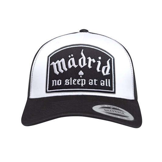 Madrid No Sleep trucker cap B/W with embroidered patch showcasing stylish design and adjustable snapback closure.