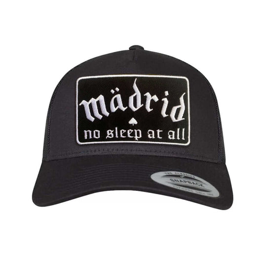 Madrid No Sleep trucker cap featuring an embroidered patch with the phrase 'madrid no sleep at all' on a black background.