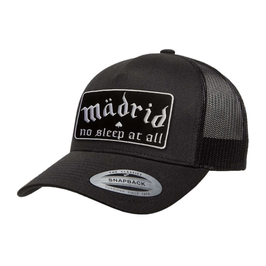 Madrid No Sleep trucker cap with embroidered patch, black 5-panel cap with mesh back and adjustable snapback.