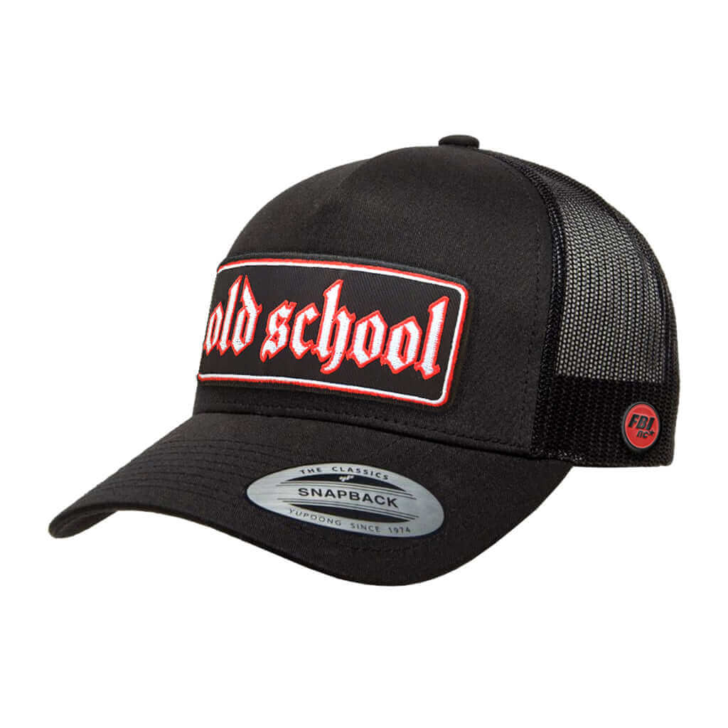 Old School trucker cap with black color and embroidered patch detail, featuring curved visor and adjustable snapback.