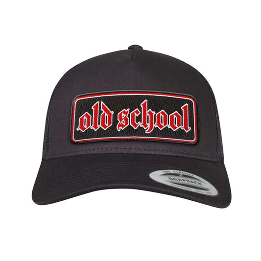 Old School trucker cap with embroidered patch, black 5 panel design, adjustable snapback closure.