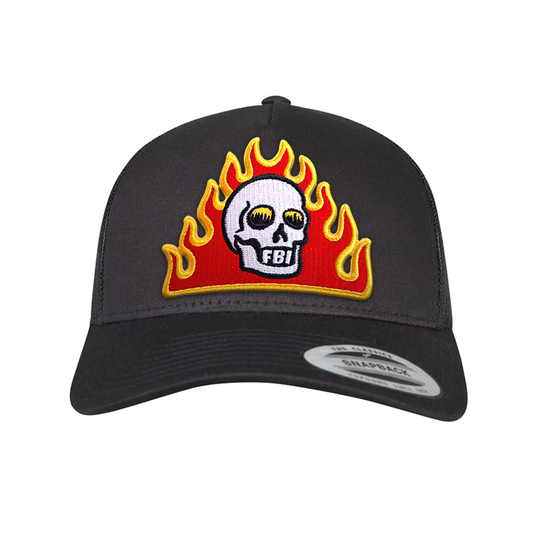 Skull n Flames trucker cap with embroidered patch featuring a skull and flames design.