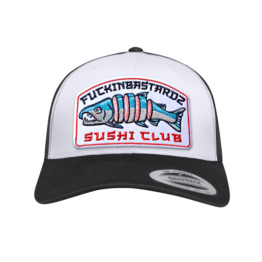 Sushi Club trucker cap featuring an embroidered Sushi Club embroidered patch on a black and white design.