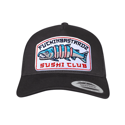 Sushi Club trucker cap with a colorful embroidered patch featuring a fish design on a black background.