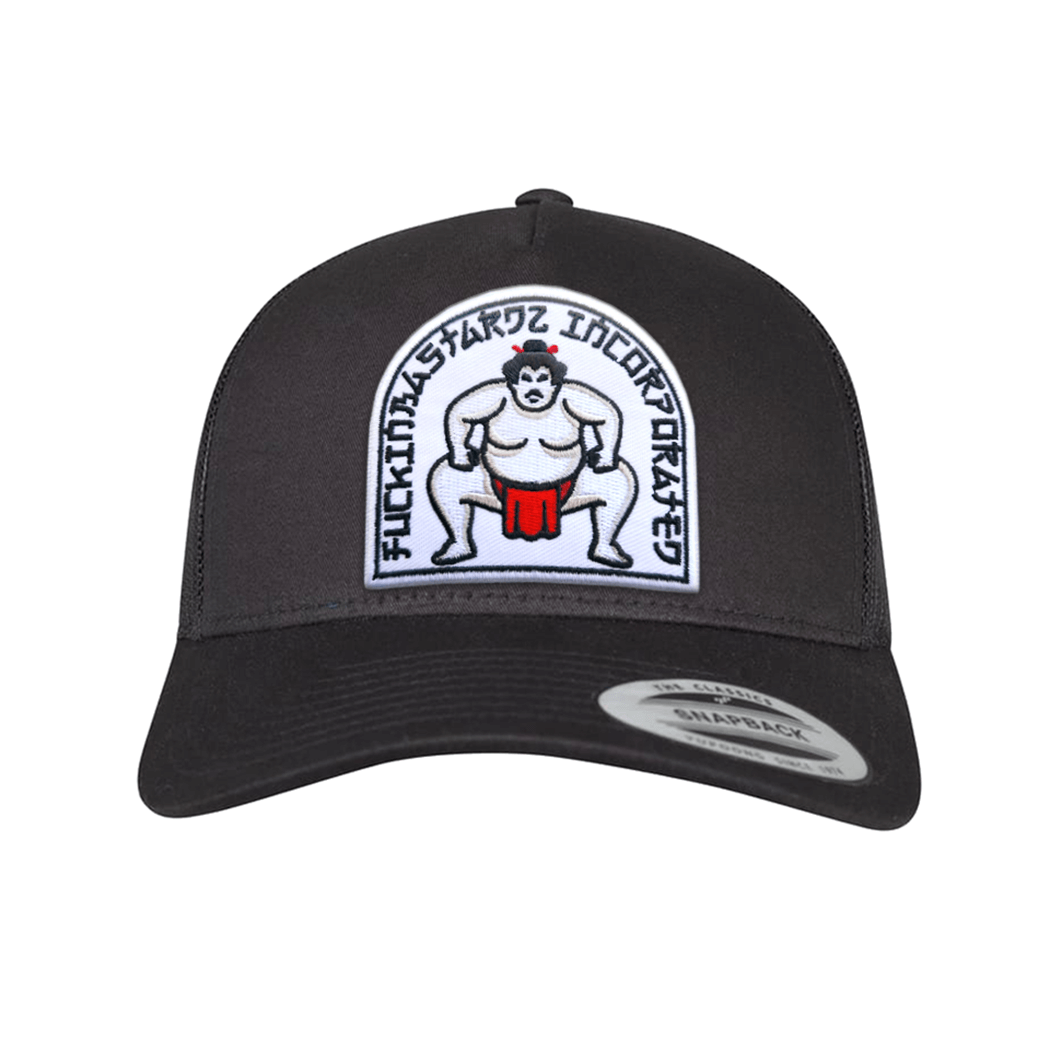 Sumo trucker cap featuring an embroidered sumo wrestler patch on a black snapback hat.
