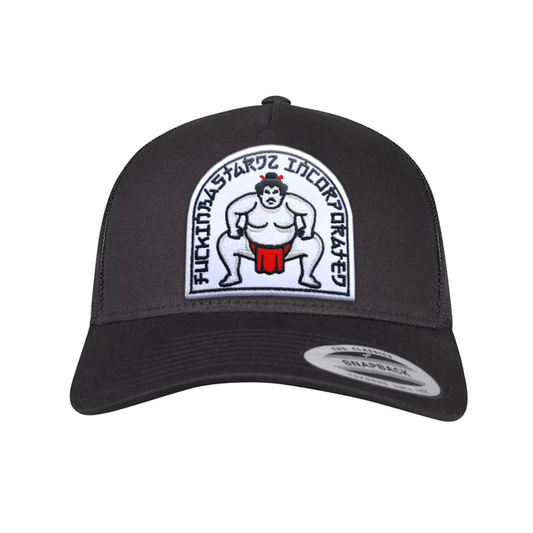Sumo trucker cap featuring an embroidered sumo wrestler patch on a black snapback hat.