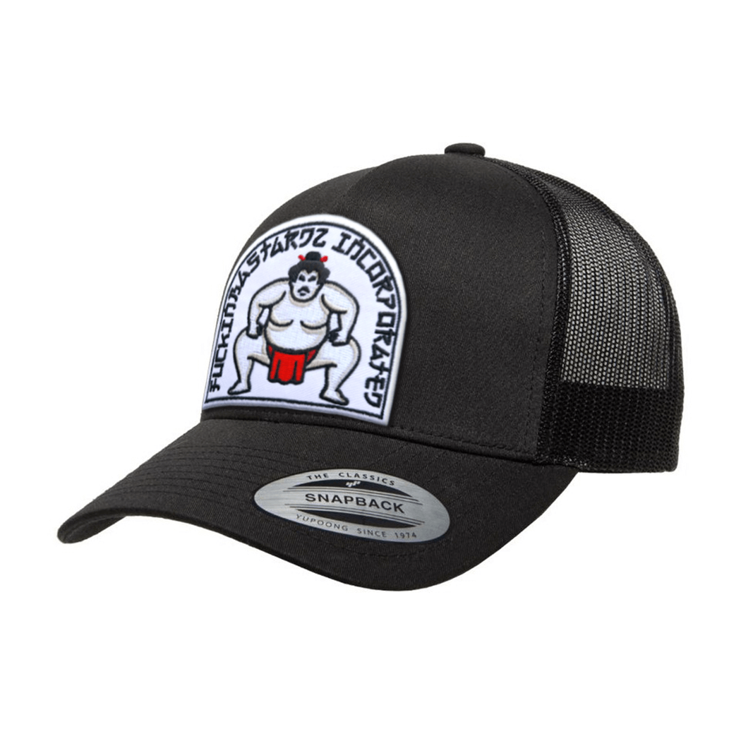 Sumo trucker cap featuring embroidered patch of a sumo wrestler, black design with mesh sides.