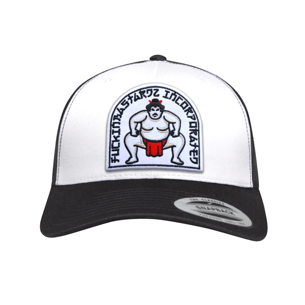 Sumo trucker cap featuring an embroidered patch of a sumo wrestler on a black and white snapback design.