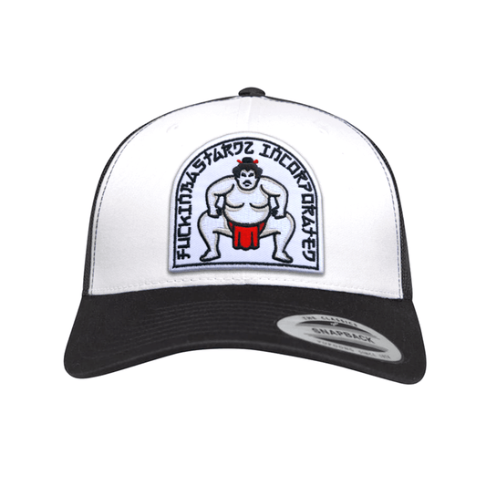 Sumo trucker cap featuring an embroidered patch of a sumo wrestler on a black and white snapback design.