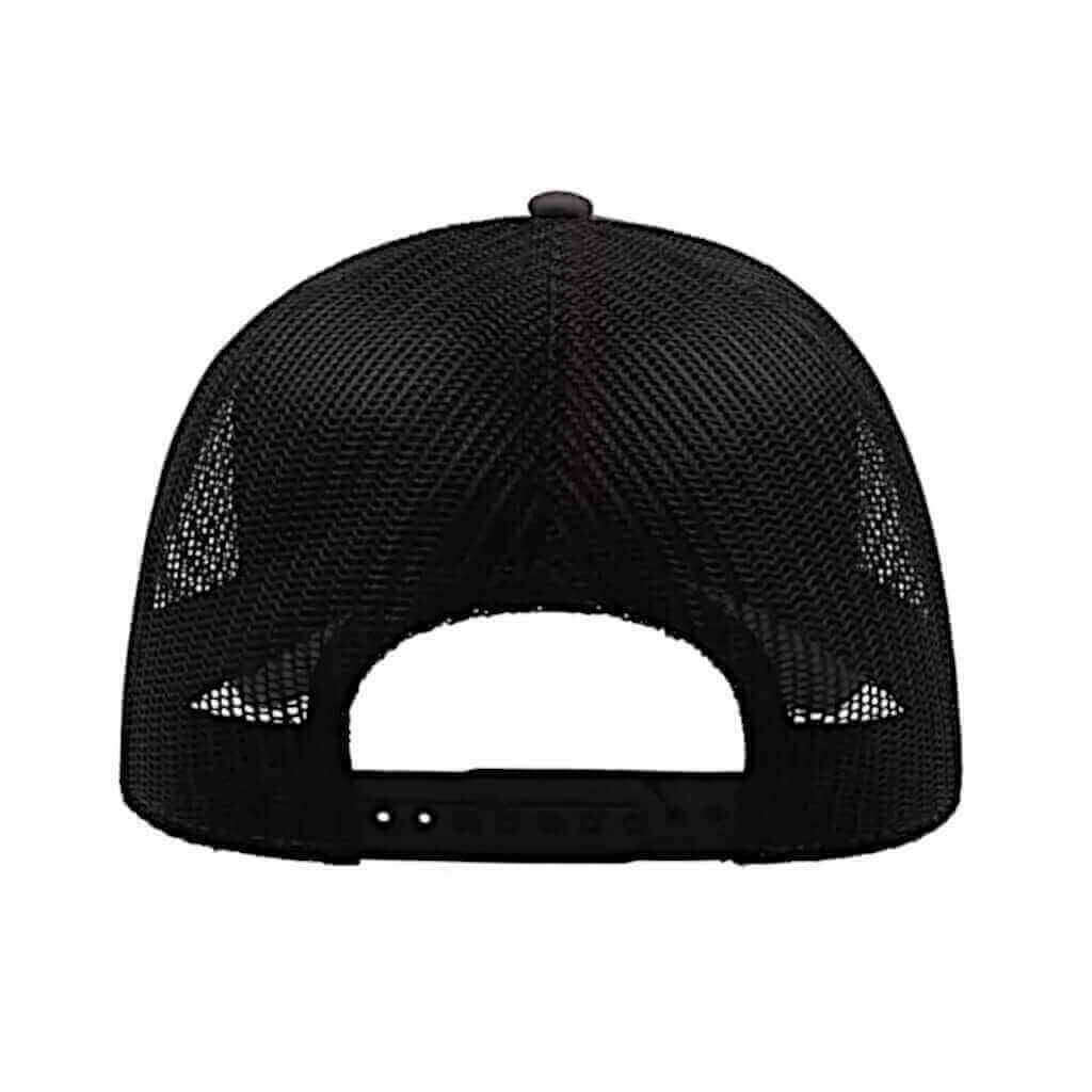 Back view of Old School Racer trucker cap, featuring a black mesh design and adjustable snapback closure.