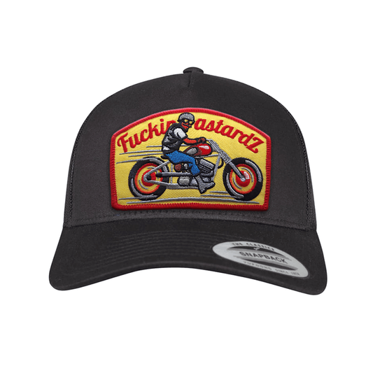 Hell Rider trucker cap with embroidered patch featuring a motorcycle design on a black background