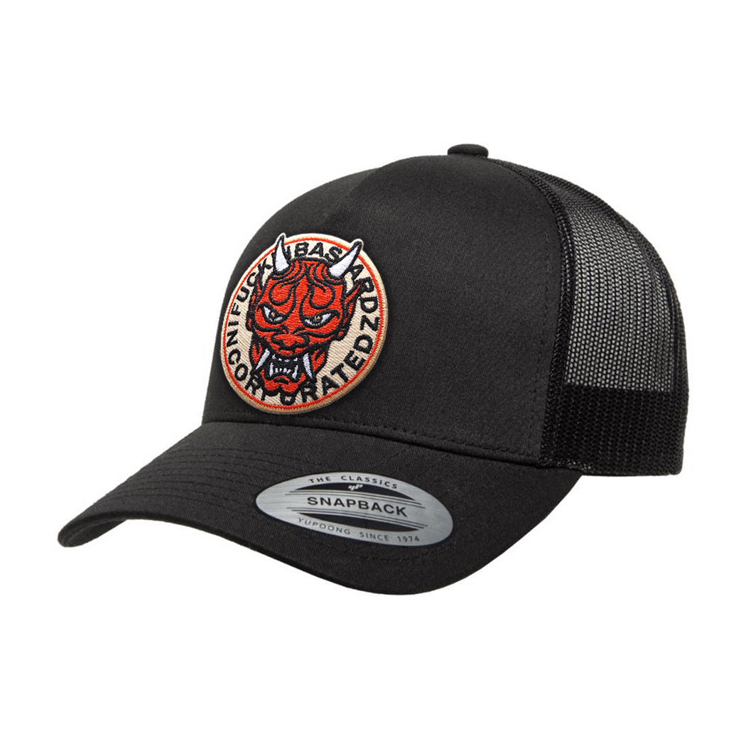 Yakuza trucker cap featuring a black design with an embroidered patch of the Japanese Devil.