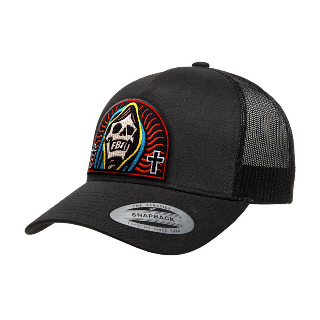 Trucker cap with Santa Muerte embroidered patch