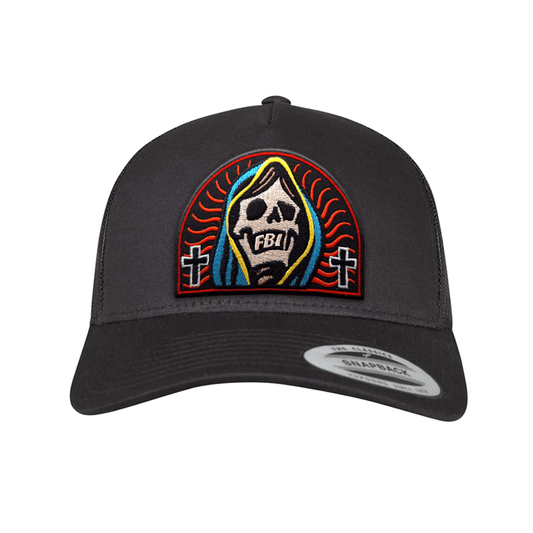 Trucker cap with Santa Muerte embroidered patch