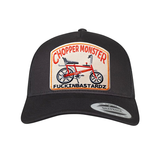 Chopper Monster trucker cap with embroidered patch featuring bike design in black