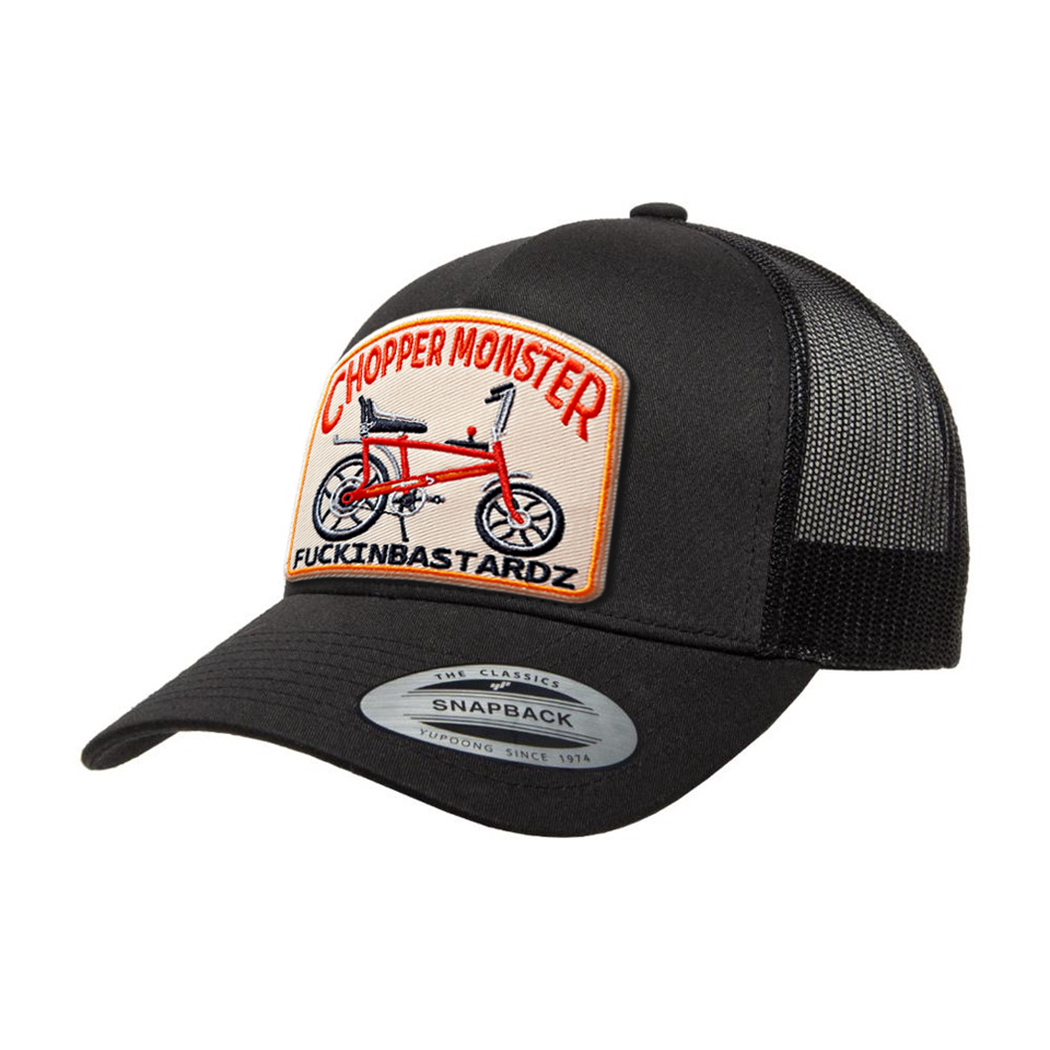 Chopper Monster trucker cap with embroidered patch of a bike, stylish black design with adjustable snapback.