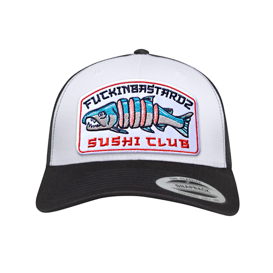 Sushi Club trucker cap featuring an embroidered Sushi Club embroidered patch on a black and white design.