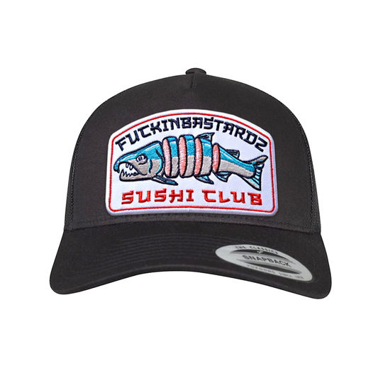 Sushi Club trucker cap with a colorful embroidered patch featuring a fish design on a black background.