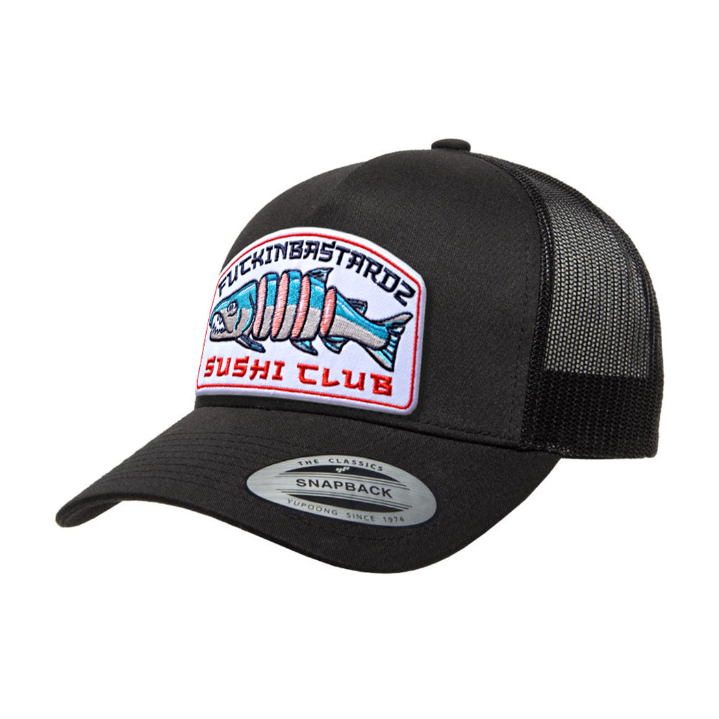 Sushi Club trucker cap featuring a vibrant embroidered patch on a black adjustable snapback design.