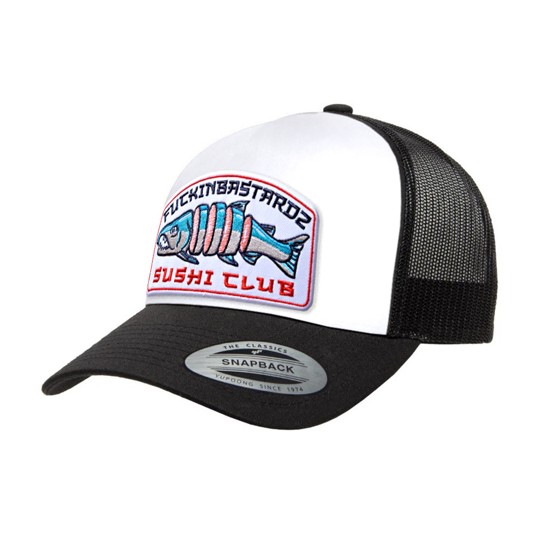 Sushi Club trucker cap with embroidered Sushi Club patch and black mesh back.