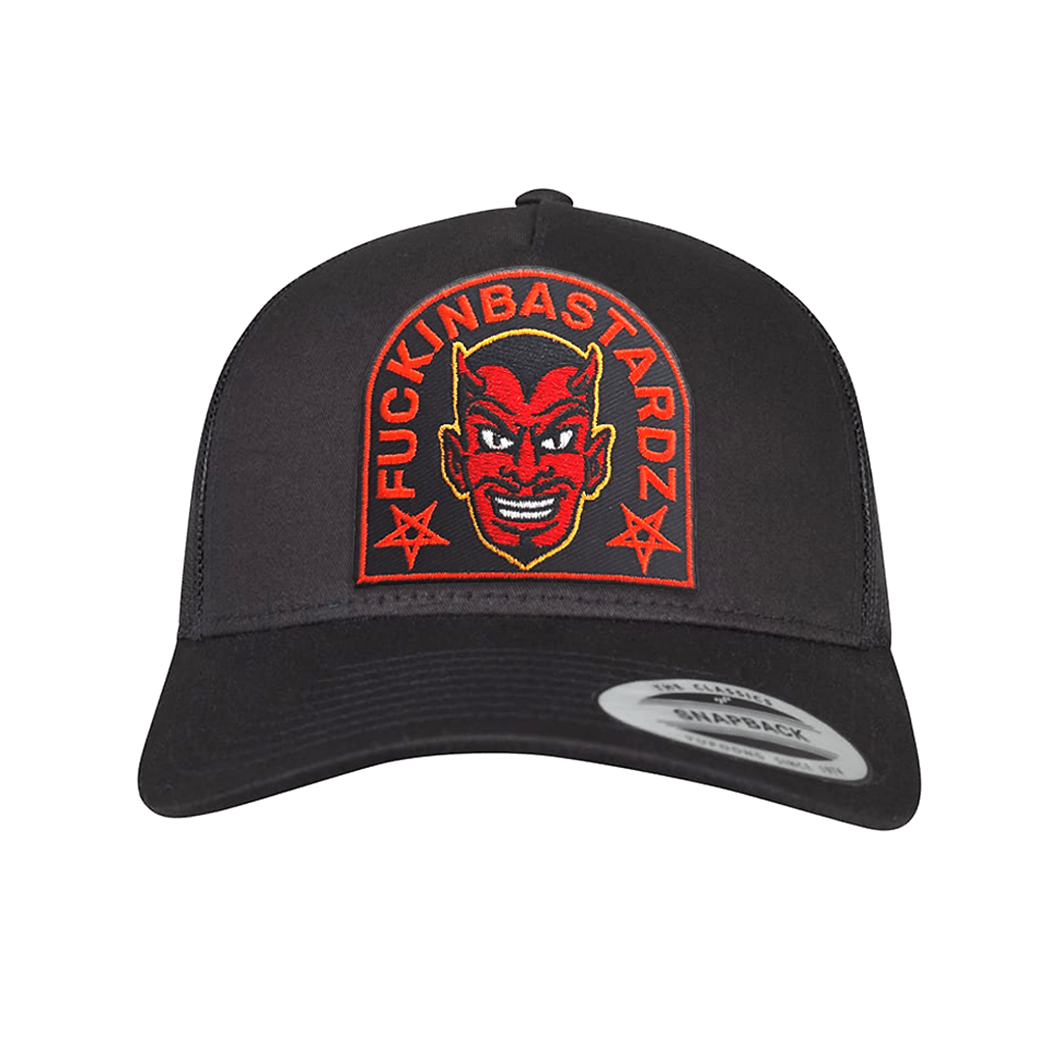 Diablo Retro trucker cap with embroidered patch showcasing stylish design and adjustable snapback closure.