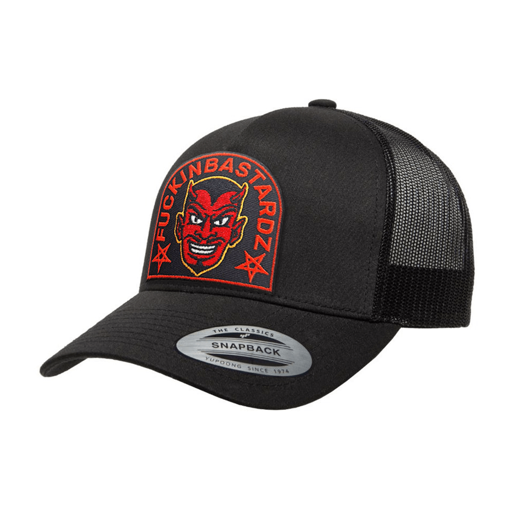 Diablo Retro trucker cap with embroidered patch showcasing stylish design and adjustable snapback closure.
